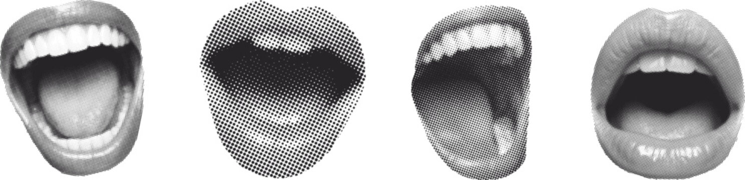 Abstract halftone mouth set with lips and tongue in black and white dot texture. Pop art inspired open mouth collage elements for posters branding and modern editorial design. High contrast vector sty