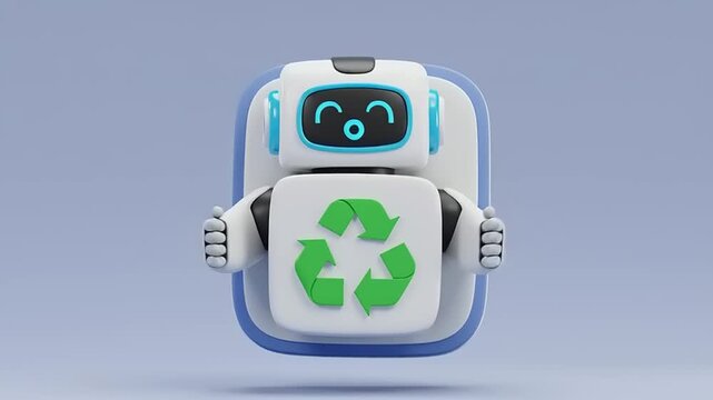 Robot holding recycling symbol cheerfully.