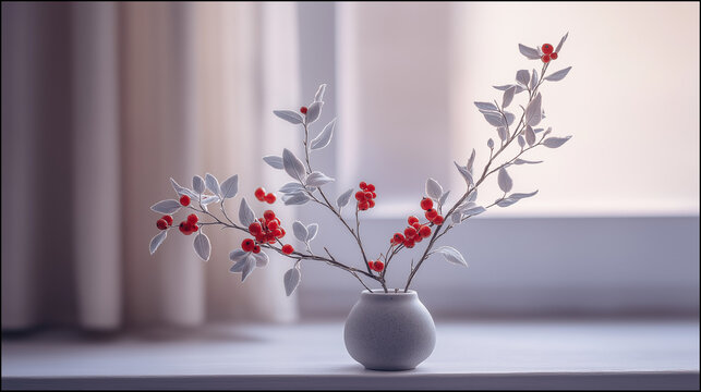 colorimetry. Silverberry branches with silvery leaves and red berries in a ceramic vase. gardening catalogs, home-decor guides, designed for home decor and floral branding, used by sports marketers.