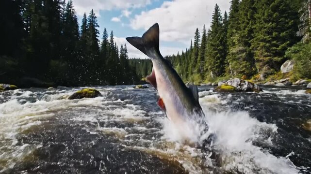 Salmon leaps in forest river.