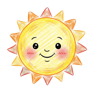 Cute cartoon sun smiling with rosy cheeks, isolated on white background.