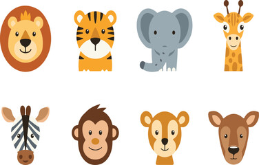 Fototapeta premium Cartoon animal heads on transparent background, Colorful icons set