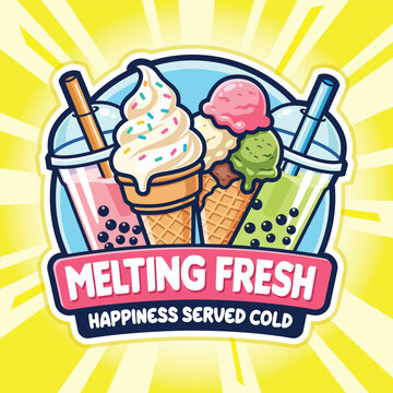 Ice Cream and Boba Drinks Logo with Bold Outline in Colorful Retro Style