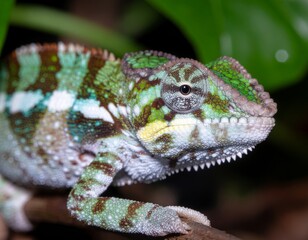 Fototapeta premium chameleon camouflage on branch in forest, animal adaptation