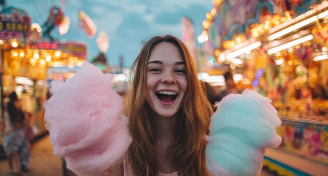 Young woman enjoying cotton candy at funfair carnival