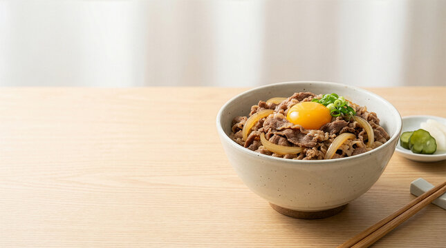 とろーり卵黄の牛丼と漬物、食欲をそそる日本の定番ランチ