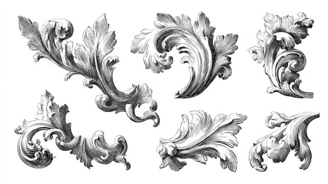 Baroque floral arabesque ornament collection with detailed leaf designs