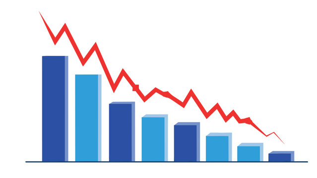 Business bar graph showing a downward trend with a red arrow indicating financial loss, economic crisis, or negative growth.