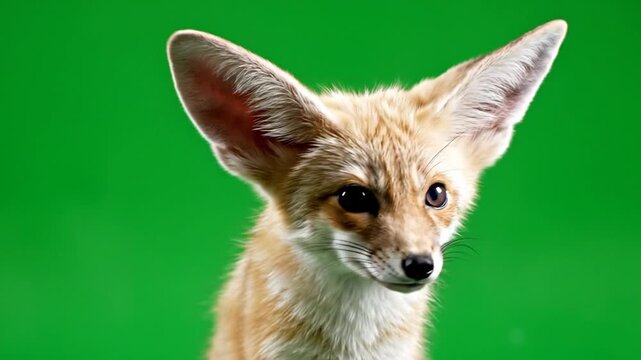 Close-up portrait of a small fennec fox with large ears against a vibrant green background.