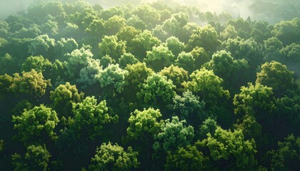 Naklejka premium Aerial Perspective of a Verdant Forest Canopy Bathed in Soft Morning Light, Showcasing a Pristine Natural Landscape and Thriving Woodland Ecosystem