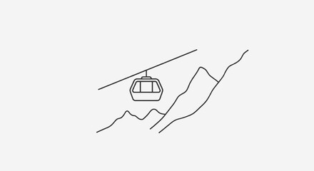 Line drawing of a cable car over mountains. Minimalist design. Gray background © adek