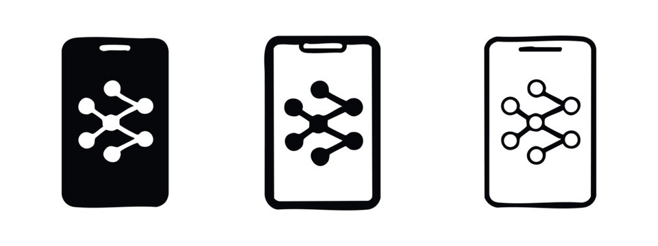 Smartphone with connected nodes icons, representing complex network, data structure, or molecular communication.