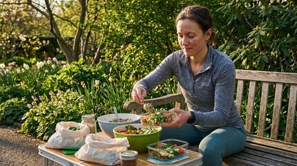 Woman prepares fresh salad on a garden bench, surrounded by spring greenery and flowers, calm outdoor meal prep with healthy ingredients and relaxed mood