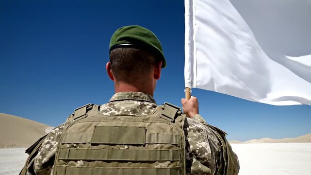 Soldier holding white flag in desert symbolizing peace truce and ceasefire during conflict
