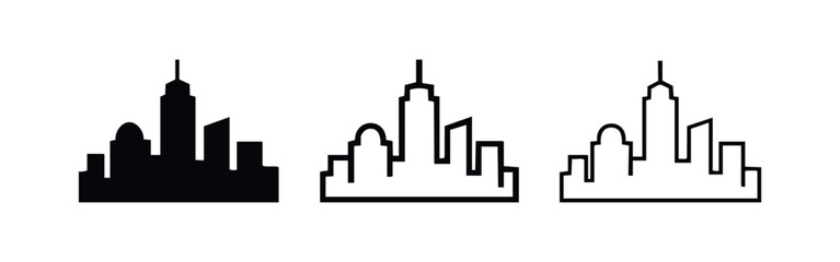 Fototapeta premium Modern city skyline icon set with dome and skyscrapers. Urban architecture and diverse cityscape.