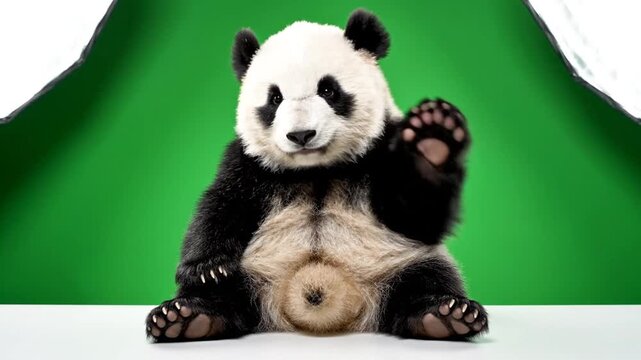 A cute baby panda with black and white fur sitting and waving its paw against a vibrant green background.