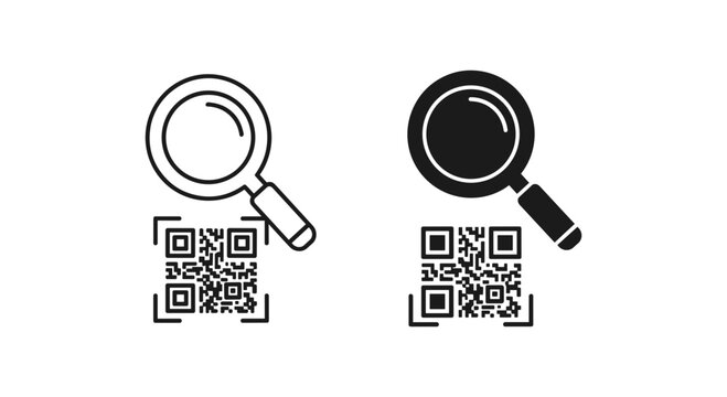 QR code scanner icon set, magnifying glass over digital barcode vector, search and scan technology symbols in outline and solid styles