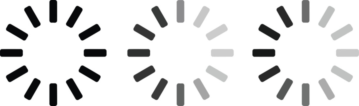 Three loading indicator icons on white background with buffering icon, progress bar