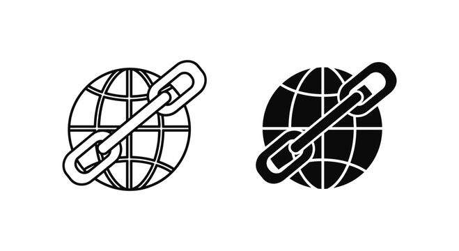 Global network link icons, world globe with metal chain symbols, internet connectivity and website backlink vector set, black and white digital security signs