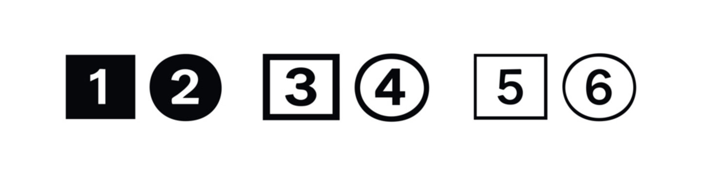 Number icons 1 to 6 set. Steps, ranking, and sequential order symbols.