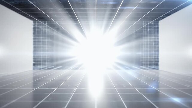 A blurred, abstract perspective of a bright, modern corridor receding into a luminous white space, creating a sense of depth and futuristic design.