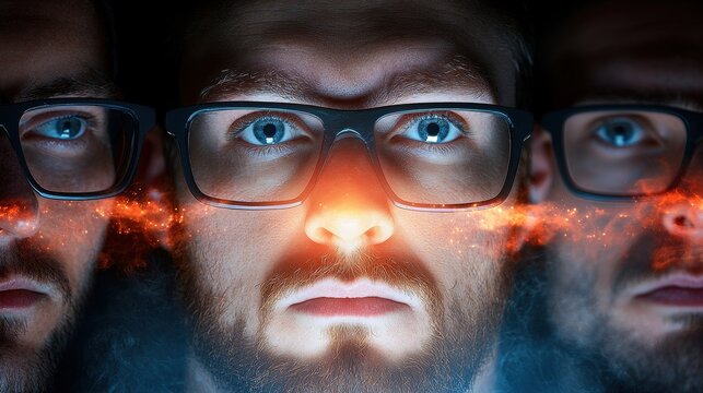 workshops group technical concept. Close-up of a man's intense face with glasses, reflected in two side images and fiery light effects across the cheeks.