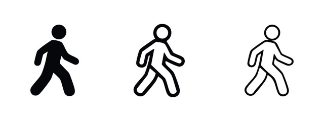 Fototapeta premium Three walking person icons: solid black, outline with fill, and simple outline