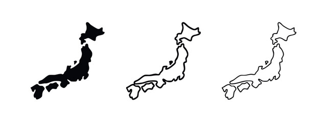 Map of Japan icons: solid black, outline with fill, and simple outline © liubomir118809