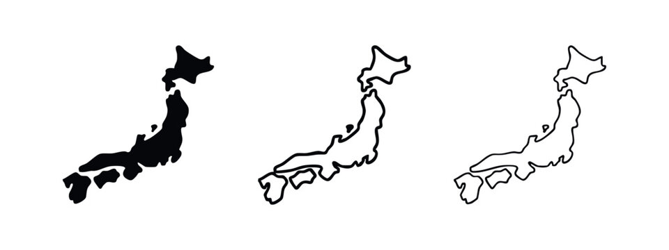 Map of Japan icons: solid black, outline with fill, and simple outline