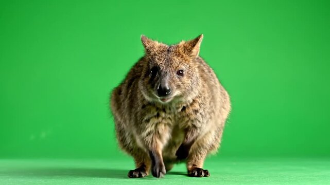 A cute quokka, a small macropod native to Australia, stands on its hind legs against a vibrant green background, looking directly at the camera.