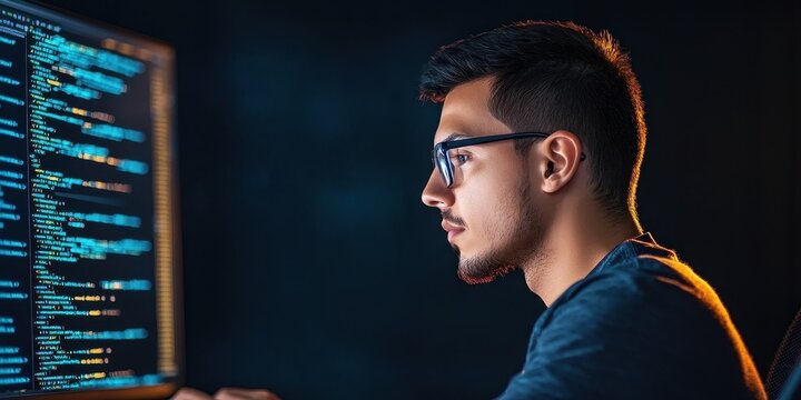 workshops group technical concept. Young man with glasses coding on a computer in a dark room with lines of programming code on screen.