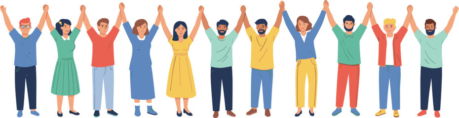 Fototapeta premium Diverse People Holding Hands And Raising Arms Vector Set Featuring Men And Women For Community Support Teamwork And Unity Graphic Designs