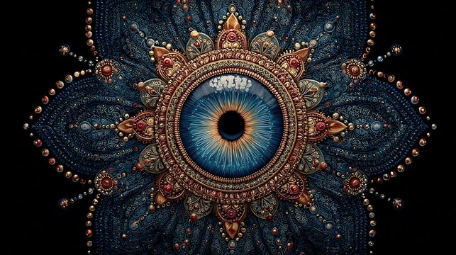 Turkish eye Nazar pattern mandala created with generative AI featuring traditional amulet symbolism in contemporary digital art form