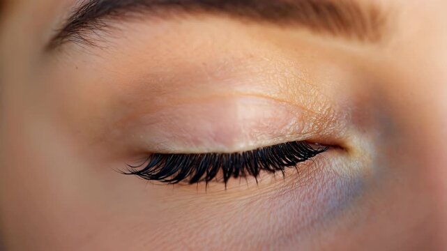 Close-up of a closed eye with dark circles and long eyelashes.