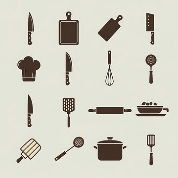 Collection of brown kitchen cooking and baking icons.