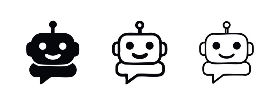 Happy robot head icons with speech bubble, different styles
