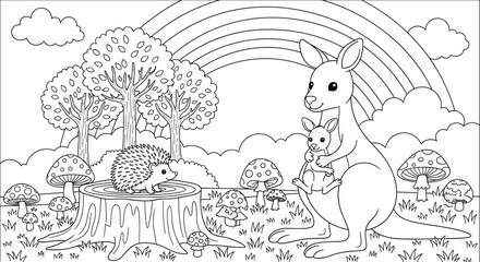 Cute Kangaroo with Joey and Hedgehog in Enchanted Forest with Rainbow, Kawaii Animal Line Art, Vector Illustration for Kids Coloring Page © MdSaddam