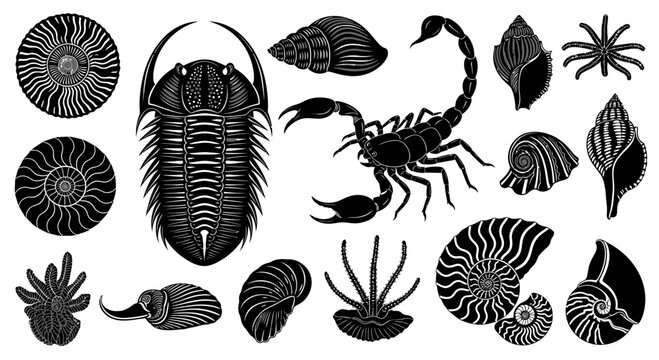Prehistoric Sea Life Fossil Silhouettes Vector Illustration Trilobite Ammonite and Sea Scorpion