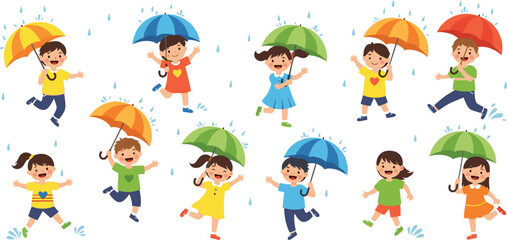 Fototapeta premium Cute Children Playing In The Rain Vector Set Featuring Little Boys And Girls Holding Colorful Umbrellas For Seasonal Weather And Childhood Graphic Designs