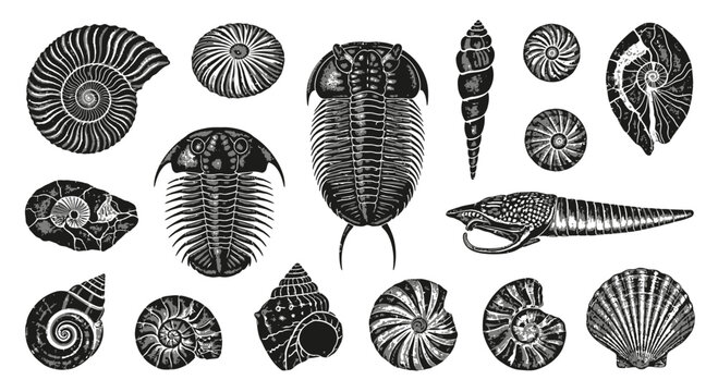 Prehistoric Marine Fossil Collection Vector Illustration featuring Trilobites and Ammonites