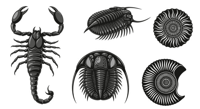 Ancient Prehistoric Sea Creatures Illustration Set with Trilobite Ammonite and Sea Scorpion Vector