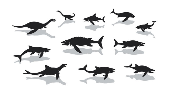 Jurassic Sea Creature Silhouettes Illustration Vector Prehistoric Marine Animals Set