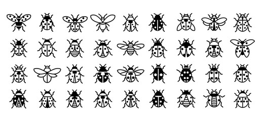 Diverse insect icon collection featuring ladybugs bees and beetles in black and white styles © your picture