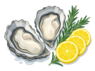 Obraz premium Fresh Oysters on Half Shell with Lemon Slices and Rosemary Sprig Isolated on White