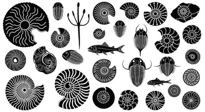Ancient Ocean Fossil Silhouettes of Ammonites Trilobites and Prehistoric Marine Life Vector
