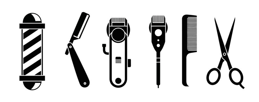 Barbershop silhouette icon set with barber pole straight razor hair clippers comb and scissors