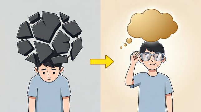 Cognitive Reframing Vector Illustration Showing Negative to Positive Thought Transformation