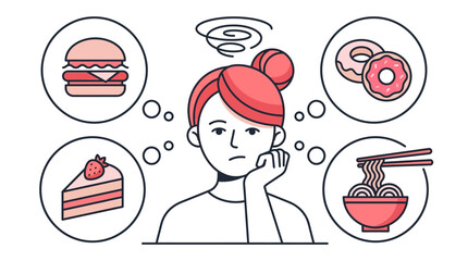 Young Woman Thinking About Food Cravings, Flat Vector Illustration of Emotional Eating, Decision Fatigue and Hunger Concept with Burger, Donuts, Cake, and Ramen Icons.