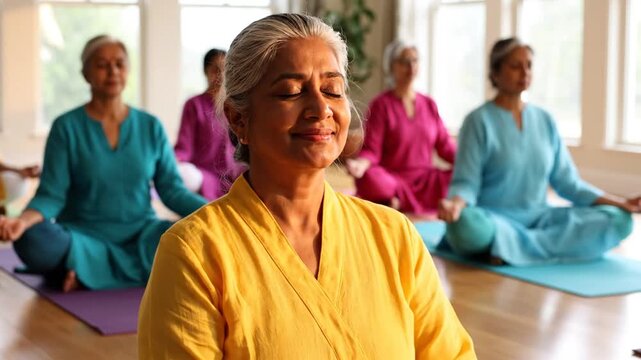 Senior women meditating in yoga.