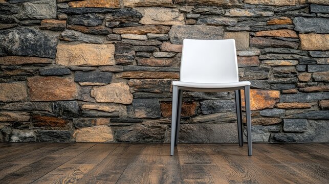 Modern chair against a rustic stone wall creating a compelling contrast